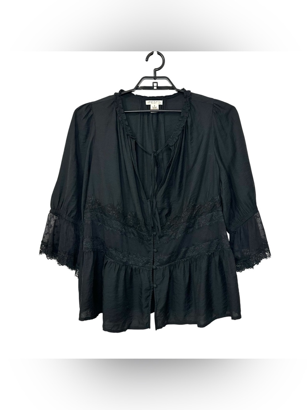 FESTI Womens Lace Trim V-Neck Button Front Blouse Sz 2X Black 3/4 Sleeve Top